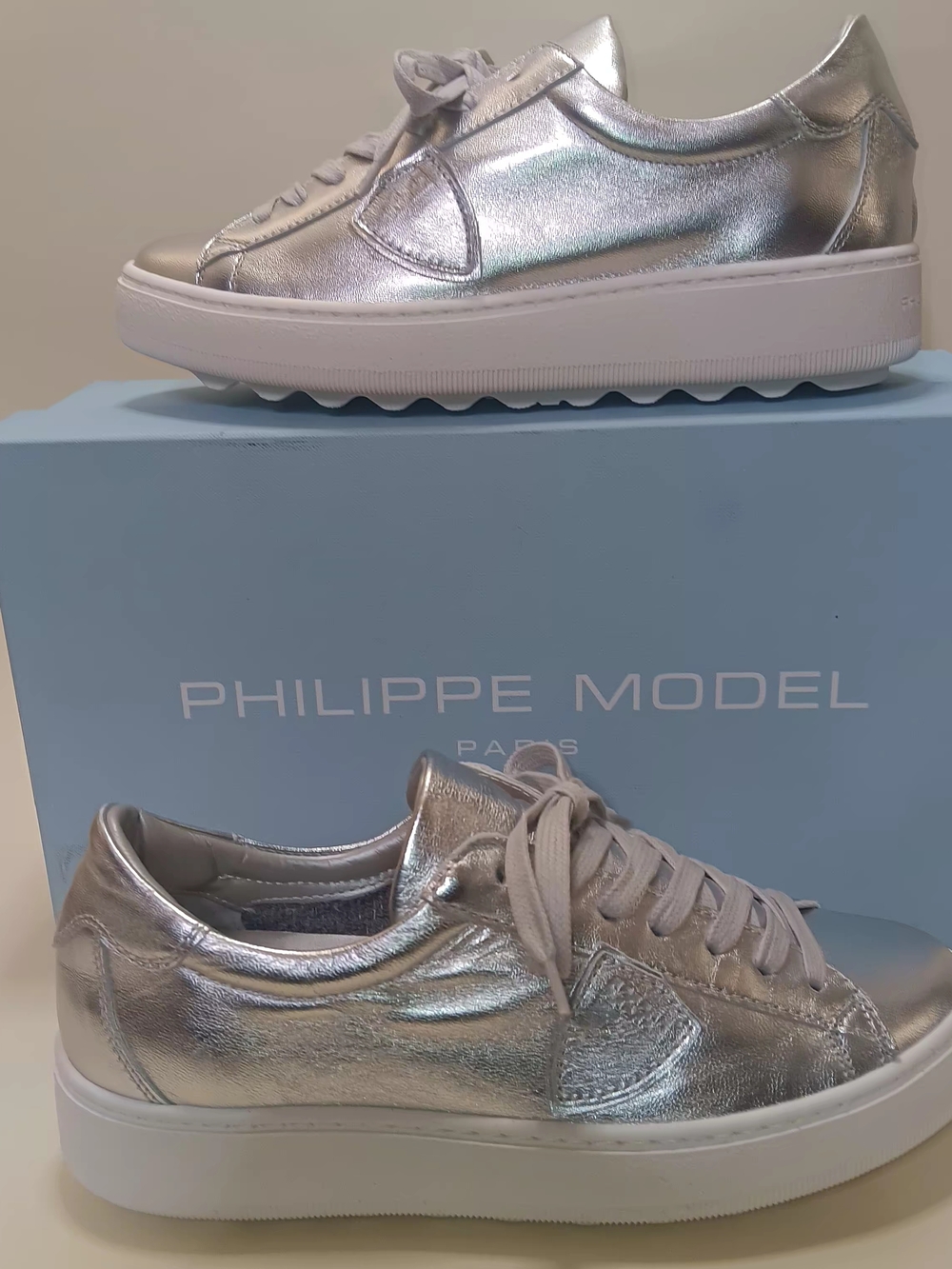 Philippe Model Silver Metallic Leather Platform Sneakers